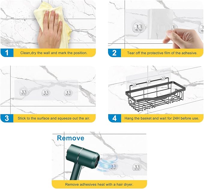 Adhesive Shower Caddy, No Drilling Bath Organizers 5 Pack, Rustproof Shelves with Soap Holder & Toothbrush Holder, Bathroom Organizers and Storage, Black