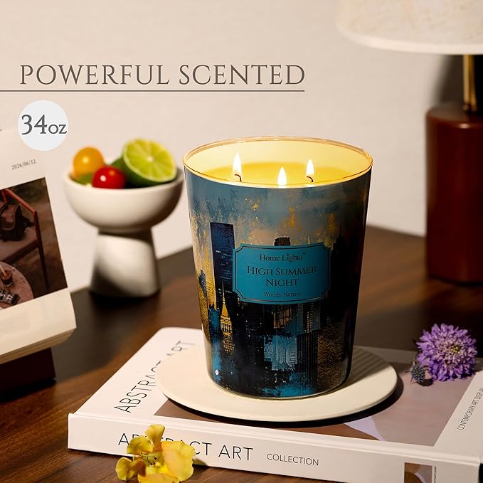 HomeLights High Summer Night Scented Candles | 34oz Soy Candles Industrial Chic 3-Wick Large Candle Jars | Ideal Candle Gifts for Events, Home Decor Stress, Relief & Relaxation