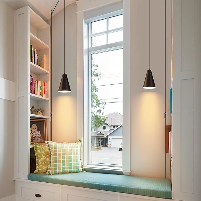 Black Plug In Pendant Light,Hanging Lights With Plug In Cord On/Off Switch, Mini Pendant Lights for Kitchen Island,Modern Farmhouse Pendant Light Fixture with Metal Shade,Hanging Lamps for Bedroom