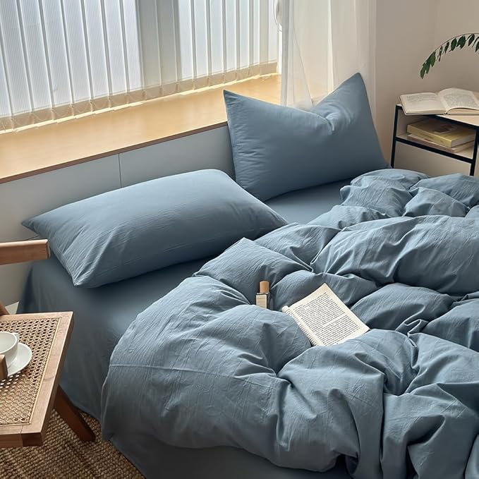 FACE TWO FACE Bedding Duvet Cover Set100% Washed Cotton Duvet Cover Linen Like Textured Breathable Durable Soft Comfy (Queen, Deep Gray Blue)
