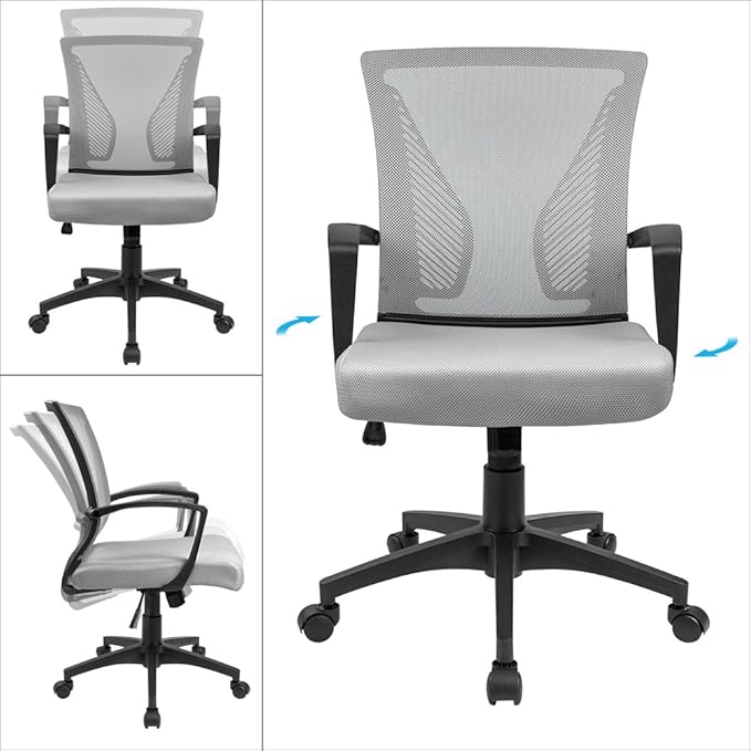 Furmax Office Chair Ergonomic Computer Desk Mesh Chair Mid Back Swivel Lumbar Support with Armrest (1, Gray)