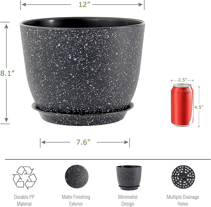 12inch Large Plant Pot, Modern Plastic Planter with High Driange Holes and Saucer for Indoor Outdoor Garden Plants and Flowers, Black Speckles