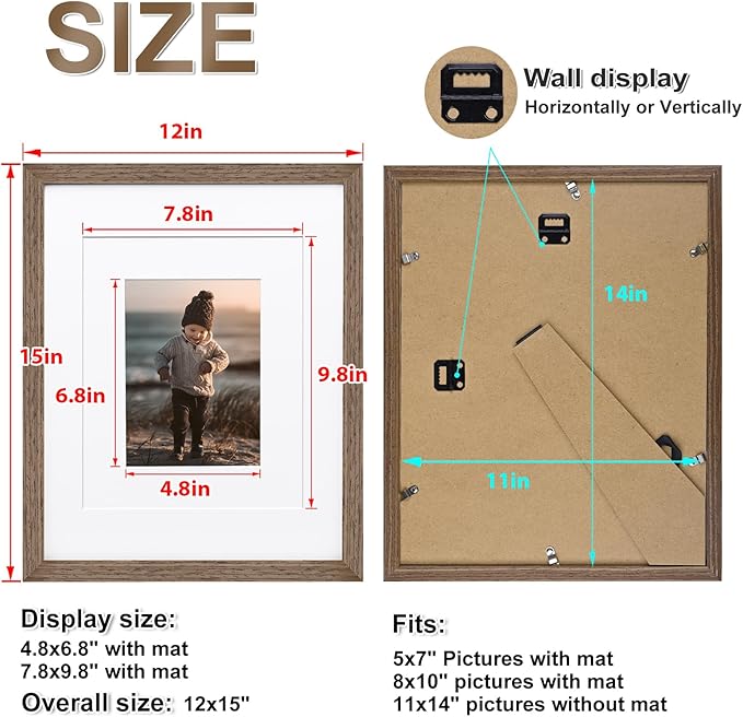 KINLINK 11x14 Picture Frame Rustic brown, Solid Wood Frames with Acrylic Plexiglass for Pictures 5x7/8x10 with Mat or 11x14 without Mat, Tabletop and Wall Display, Set of 4