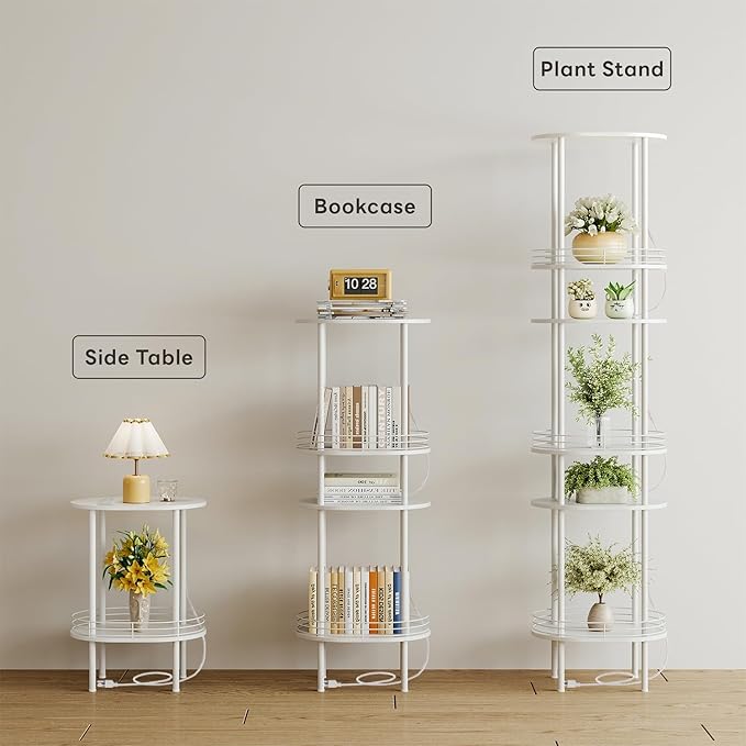 Small Round Side Table with Charging Station,Bedside Table with 2 USB Ports and Outlets, Morden Round Nightstand, Samll Side Table for Living Room,Bedroom, Nursery, Laundry, White