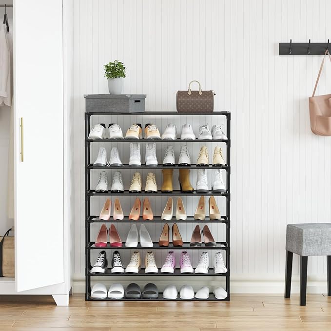 TY ARTS & CULTURE 2 Pack 8-Tiers Shoe Rack Organizer, Sturdy Metal Pipes & Durable Non-Woven Fabric, Space Saving Tall Shoe Shelf Hold 64-80 Pairs, Shoe Rack for Entryway (Black)