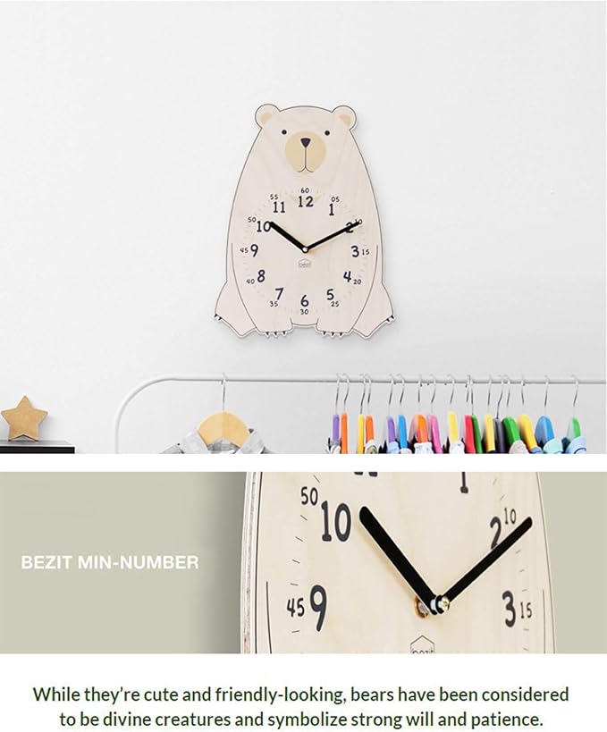 Silent Kids Wall Clock - Non-Ticking, Decorative, Cute Wooden Clock for Nursery, Children, Toddler, Baby Room, Battery Operated - Bear, Unicorn, Owl (Brown Bear)