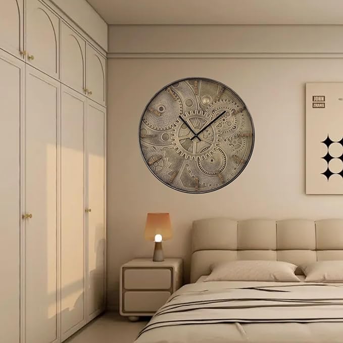 20 Inch Large Wall Clocks for Living Room Decor with Moving Gears,Silent Wall Clock Industrial Steampunk,Decorative Rustic Clocks for Farmhouse Home Battery Operated