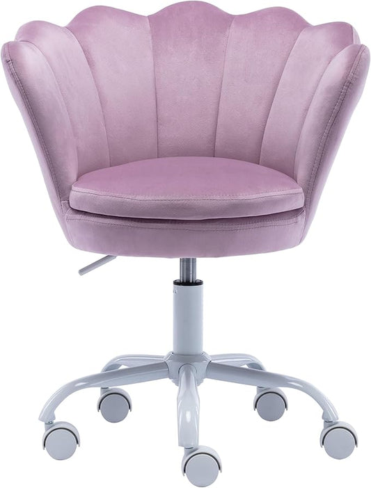 DM Kids Desk Chair Ergonomic Reading Study Adjustable Computer Chair for Students Cute Modern Upholstered Velvet Swivel Rolling Arm Chair with Seashell Back for Girls Bedroom, Purple