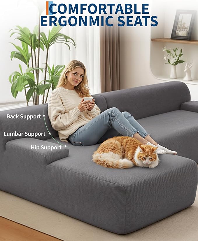 Garvee 108'' Modular Sectional Sofa, Left Facing Chaise L-Shaped Boneless Couch, Ultra Deep Seat Modern Sectional Sofa for Living Room, 5mm Wale Corduroy Fabric, Gary