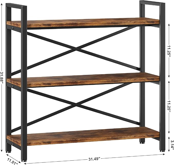 Homeiju 3 Tier Bookshelf 31.49" Width, Wood and Metal Etagere Bookcase, Vintage Farmhouse Modern Wooden Big Book Shelf for Home Living Room Bedroom Office Storage(Rustic Brown)
