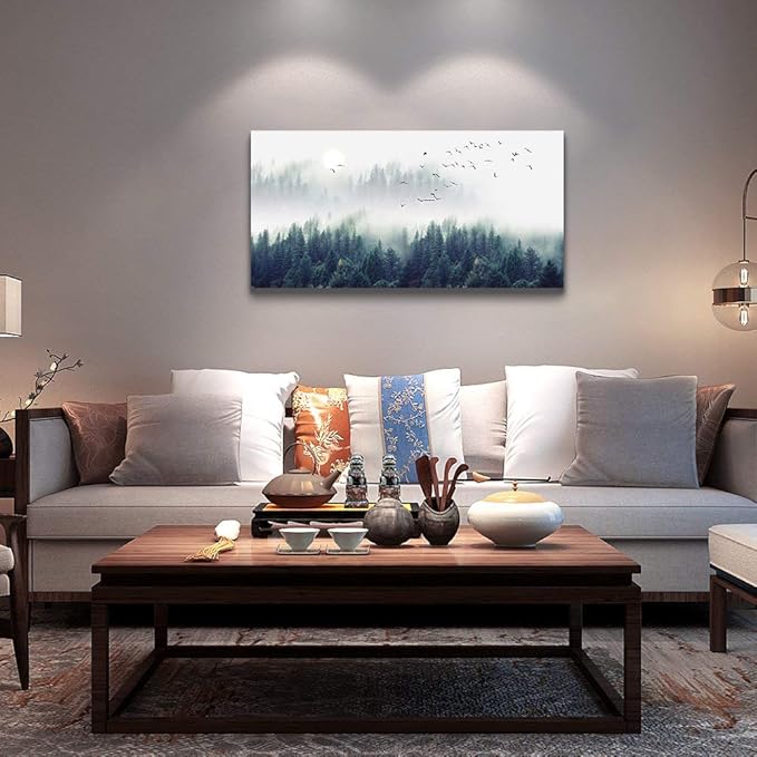 Canvas Wall Art for Living Room - Misty Forests of Evergreen Coniferous Trees in an Ethereal Landscape - Modern Home Decor The bedroom wall art Stretched and Framed Ready to Hang 24" x 48" wall decor