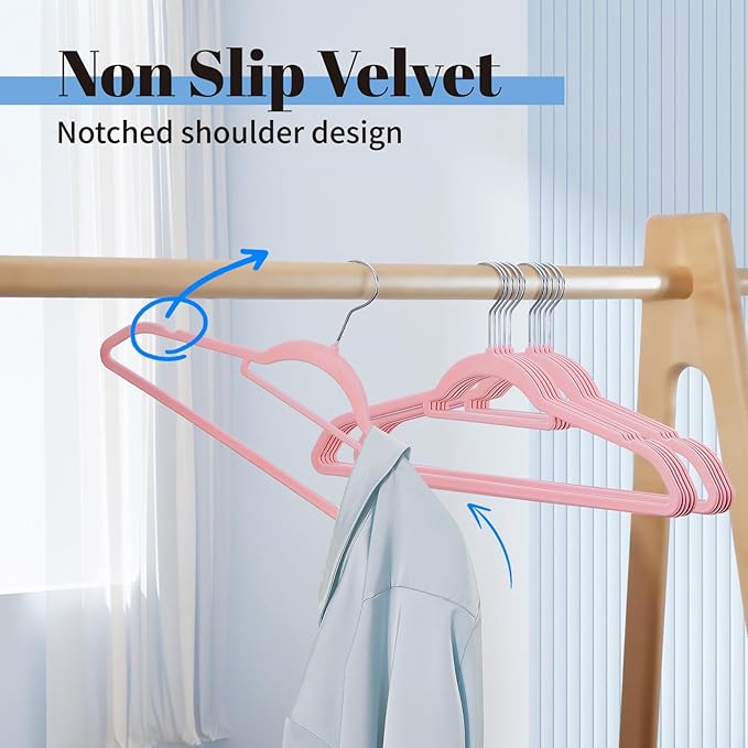 Smartor Pink Velvet Hangers 20 Pack, Space Saving Clothes Hanger with Tie Bar, Non-Slip Felt Hangers with Shoulder Notches, Heavy Duty Suit Hanger for Coat, Shirt, Pants, Dress