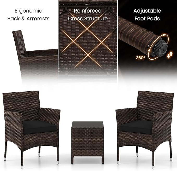 Tangkula 3 Pieces Patio Rattan Furniture Set, Outdoor Conversation Set with PE Wicker Armchairs, Tempered Glass Top Coffee Table, Soft Removable Cushions, for Porch Garden Yard Balcony (Black)