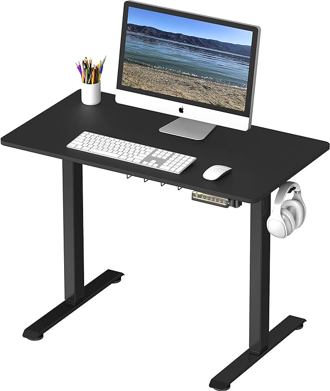 SHW 40 x 22 Inches Electric Height Adjustable Sit to Stand Desk with Hanging Hooks and Cable Management, Black Frame and Black Top