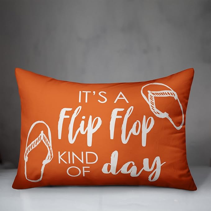 Flip Flop Kind of Day Indoor/Outdoor Pillow | Decorative Pillows for Living Room Couch Bed Sofa Patio, Fluffy Soft Cushion | Water Resistant Orange, 14x20