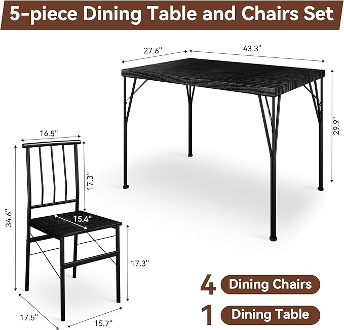 Kitchen Dining Table Set for 4, 5-Piece Kitchen Table Set with 1.6“ Thick Tabletop,Dining Room Table Sets,Kitchen Table Set with 4 Chairs for Small Space, Dinette,Apartment,Retro Black