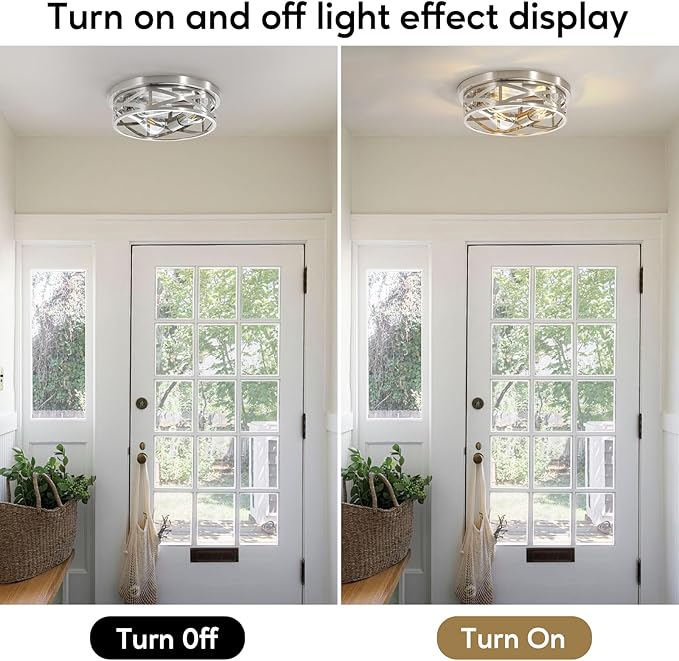 Brushed Nickel Cage Ceiling Light Fixtures,13 Inch Indoor Close to Ceiling Lights, 3-Light Round Vintage Metal Flush Mount Ceiling Lights for Bedroom, Living Room, Porch Kitchen