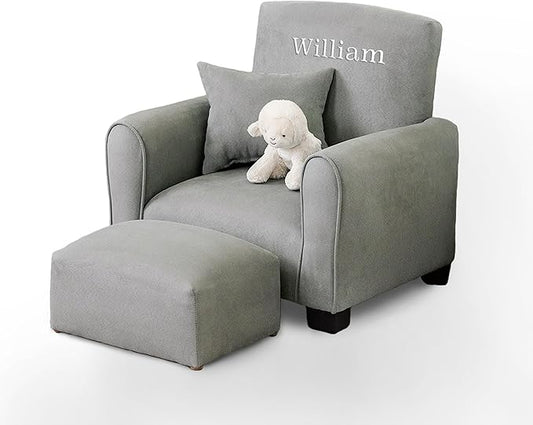Toddler Personalized Armchair, Kids Upholstered Rocking Chair with Personalization, Toddler Chair with Personalized Name, Comfy Child Armchair, (Grey Suede, Rockers)