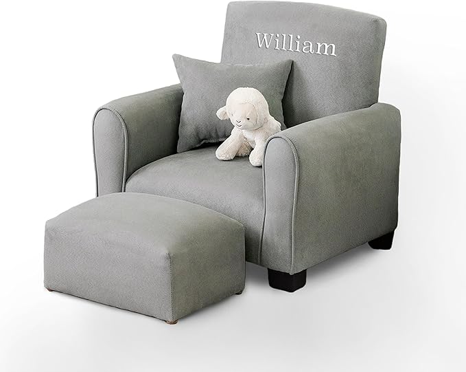 Toddler Personalized Armchair, Kids Upholstered Rocking Chair with Personalization, Toddler Chair with Personalized Name, Comfy Child Armchair, (Grey Suede, Legs)