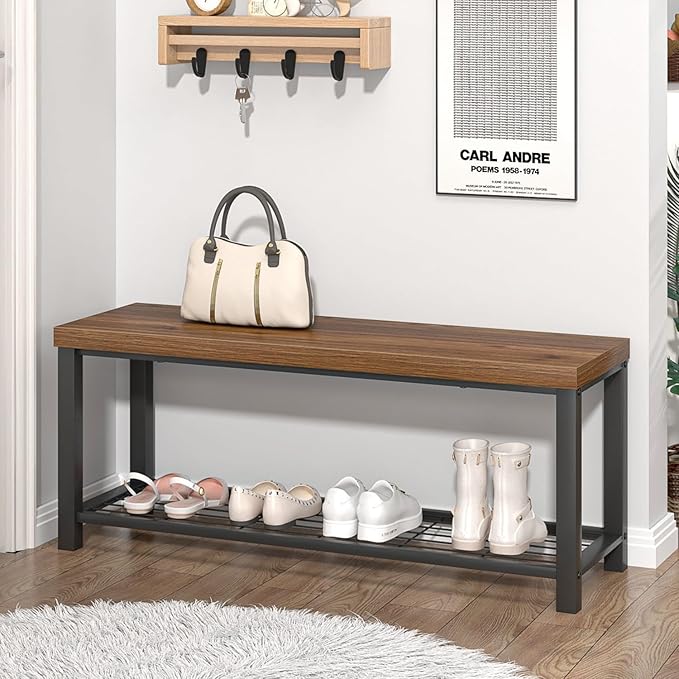 FOLUBAN Modern Entryway Bench - Rustic Wood and Metal Shoe Storage for Hallway Front Door Entrance, Industrial Indoor Seat for Bedroom Living Room, 43 Inch Walnut