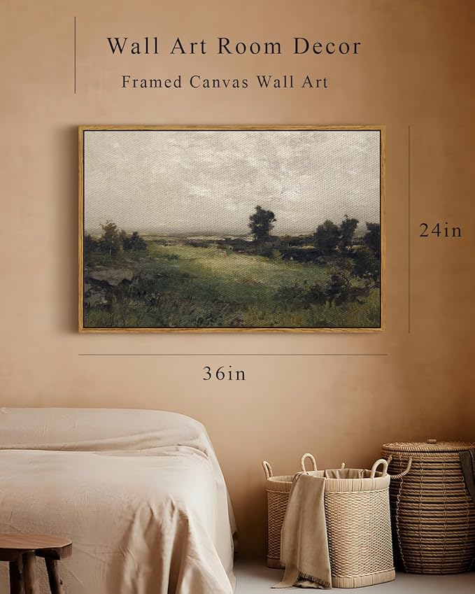 InSimSea Framed Canvas Wall Art Vintage Decor, Framed Vintage Landscape Canvas Wall Art, Wild Field Oil Painting Prints, Cottagecore Bedroom Bathroom Office Decor, 24"x36"