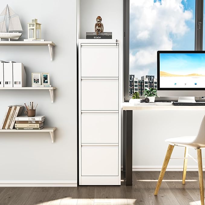 File Cabinet, Vertical File Cabinets with Lock for Home Office,Heavy Duty Office Steel Filing Cabinet for Hanging Letters/Legal/A4, Assembly Required (White, 4 Drawers)