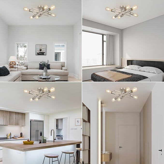 WILON Semi Flush Mount Ceiling Light Fixture, Modern Flush Mount Ceiling Lights, 6-Light Brushed Nickel Sputnik Ceiling Light Fixture with E26 Bulb Base for Hallway Farmhouse Kitchen Bedroom