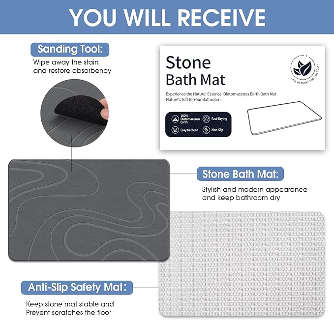 Stone Bath Mat Diatomaceous Earth Shower Mat Non-Slip Super Absorbent Diatomite Stone Bath Mats for Bathroom Floor Quick Drying Natural Easy to Clean(23.6''×15.4" Gray)