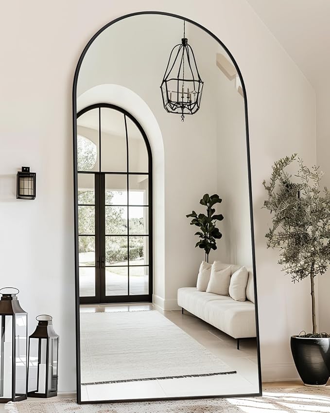 Full Length Mirror with Stand, 76"x34" Arched Full Body Mirror, Large Stand Up Mirrors, Aluminum Frame Floor Standing Mirrors, Freestanding Hanging Leaning Mounted for Bedroom Living Room, Black