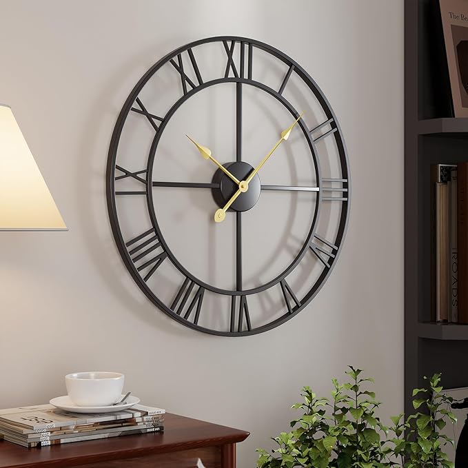 24 Inch Wall Clock Black, Large Decorative Wall Clocks for Living Room, Modern Metal Round Clocks Battery-Operated Completely Silent Non Ticking Roman Number