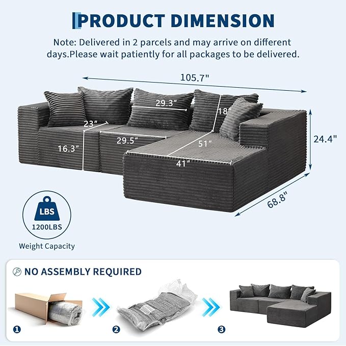 108" Comfy Cloud Sectional Couch with Chaise, L Shaped Boneless Sofa | Gray Couches for Living Room, Modular Sofa Couch & Bed, No Assembly Required, (Gray, Left Facing Chaise)