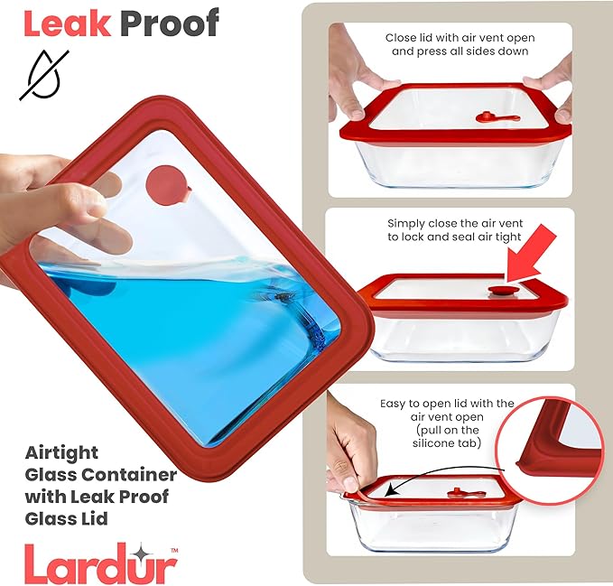 Glass Food Storage Containers with Glass Lids 3 Pack - Square Meal Prep Food Container Set with Airtight Lids - Microwave & Dishwasher Safe, 100% Plastic Free, Vented, Gift Packaged, Red Color