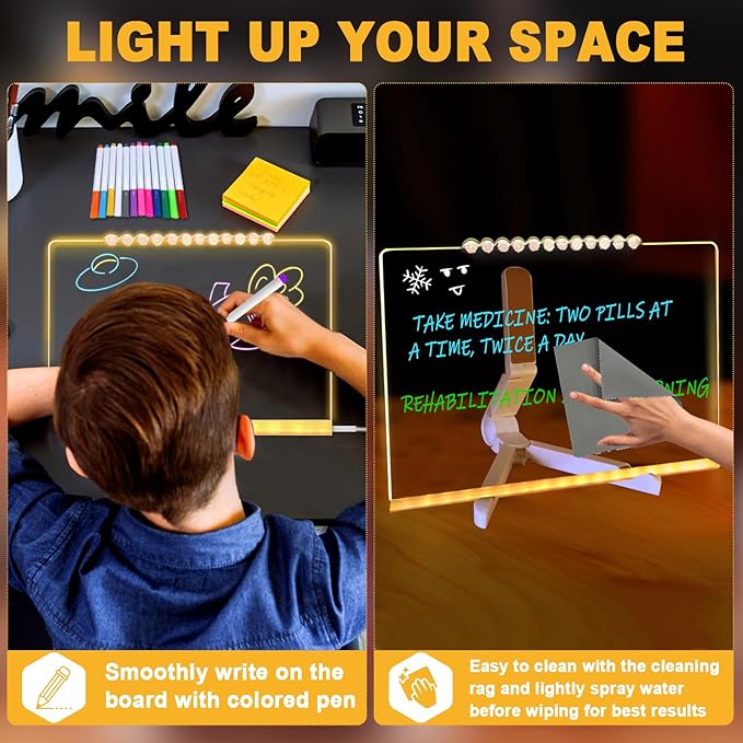 LED Acrylic Message Board, Light Up Acrylic Dry Erase Board 11.8x7.9”, LED Note Board with Colors for Kids, Glow Memo Message Writing Board with Light, Drawing Stencils Set & Unique Border