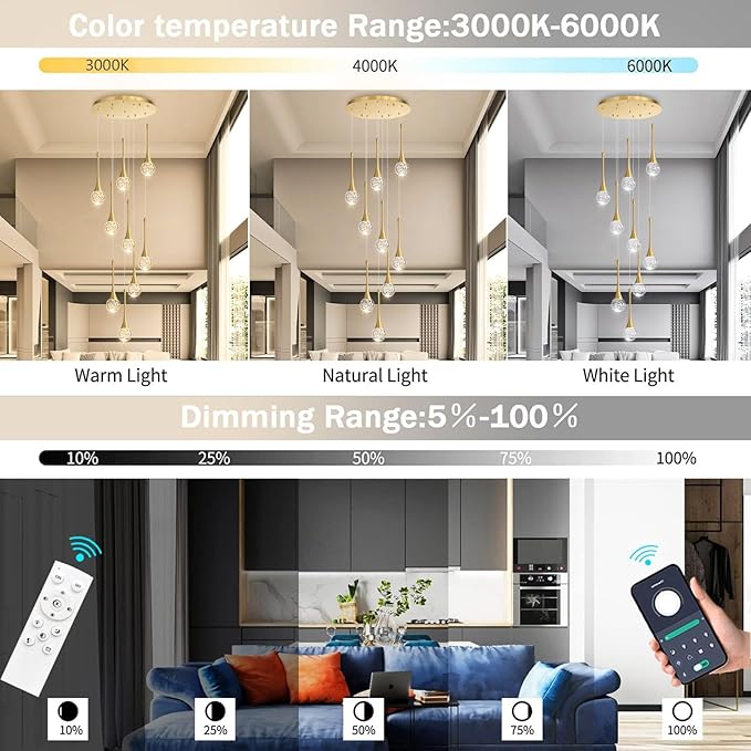 9 Light Modern Glam Crystal Chandelier for High Ceiling LED Dimmable Ceiling Pendant Light Staircase Foyer Enterway Living Room Chandelier Lighting Antique Gold