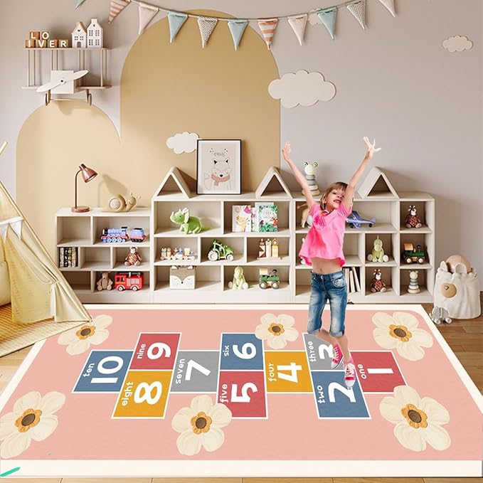 Hopscotch Rug for Kids - Non-Slip Indoor Play Mat for Boys & Girls 0-12, Classroom Rug for Kindergarten, Bedroom, Playroom(Pink, 2.6×4ft)