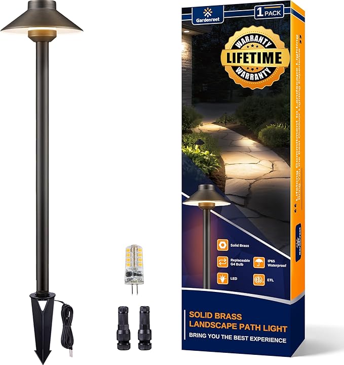 Outdoor Brass Pathway Lights - Low Voltage Landscape Path Lighting Wired, 12v Pathlight LED IP65 Waterproof, Hat-top Bronze for Outside Walkway Yard with 3W 270LM 2700K Warm White G4 Bulb