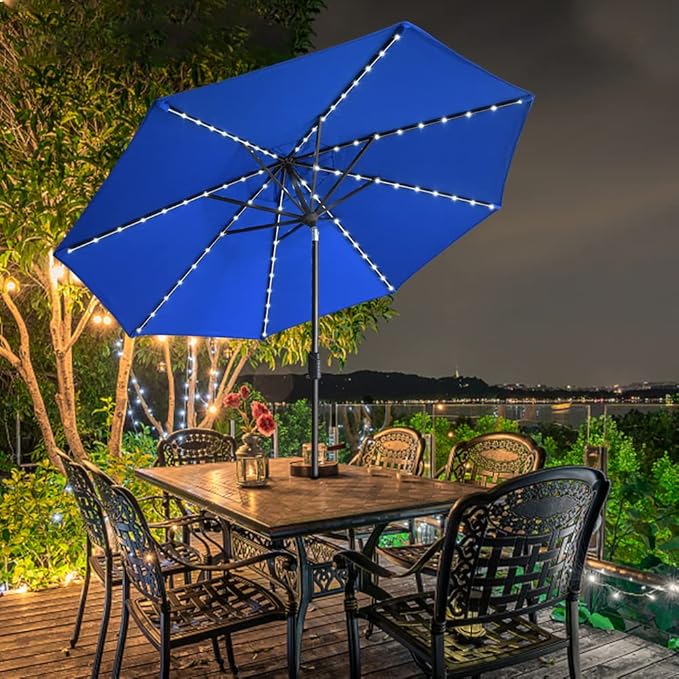 EliteShade USA 10-Year-Non-Fading Solar 9ft Market Umbrella with 80 LED Lights Patio Umbrellas Outdoor Table Umbrella with Ventilation, Royal Blue
