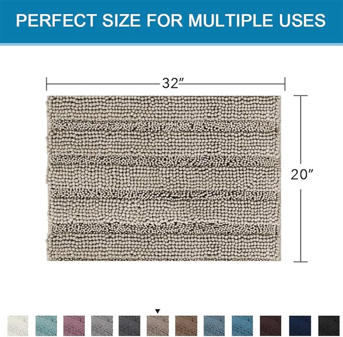 H.VERSAILTEX Bath Rugs for Bathroom Non Slip Bath Mats Extra Thick Chenille Striped Rug 20" x 32" Absorbent Non Skid Fluffy Soft Shaggy Washable Dry Fast Plush Mat for Indoor, Bath Room, Tub - Taupe