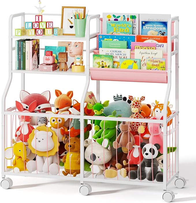 BBLIKE Stuffed Animal Storage Organizer - Rolling Kids Bookshelf and Toy Storage with 3 Tiered Book Display and Toy Chest - Rolling Furniture for Kids Room, Playroom, Bedroom, Nursery, Pink