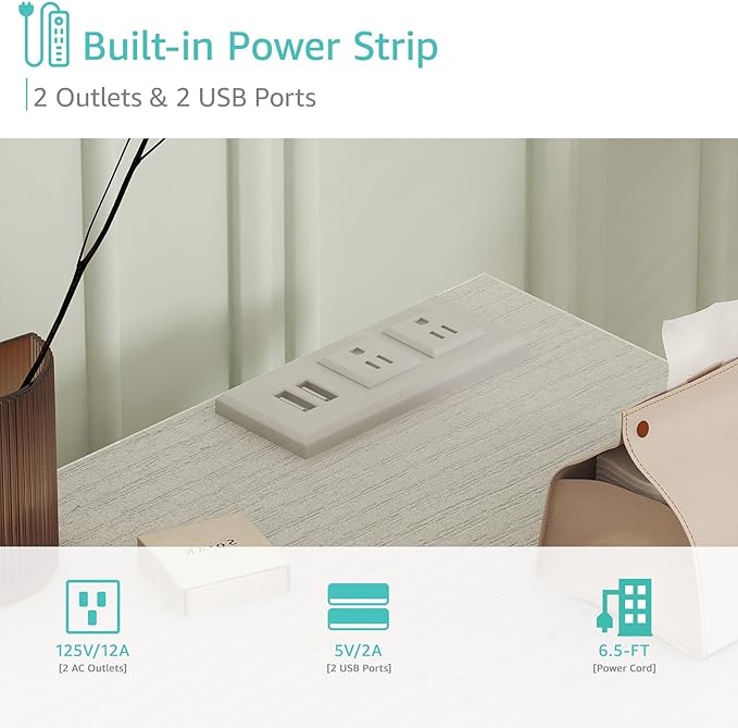 Makeup Vanity Desk No Mirror with Chair for Girls, White Small Vanity Table Set with Fabric Drawers, Power Outlet Without Mirror, Modern Make Up Desk for Bedroom