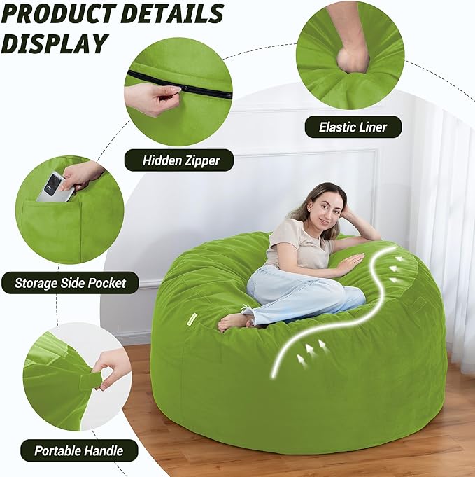 5FT Bean Bag Chair with Ultra Soft Velvet Cover Bean Bag Sofa with Memory Foam Bean Bag Chairs with Large Size Lazy Sofa for Dorm Office Living Room Bedroom Grass Green 5'