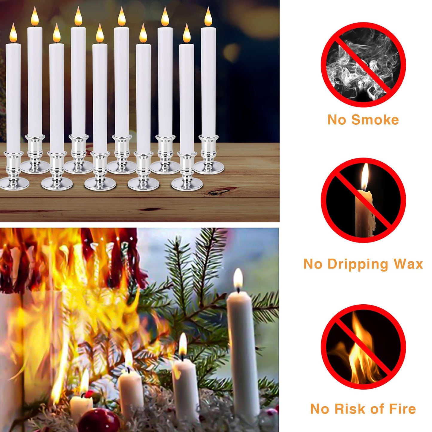 LED Flameless Window Candles with Remote Timer Sliver Base 10 PCS Battery Operated Flickering Taper Candle Lights with Removable Candle Holders Best Gift for Xmas Wedding Home Dinner Décor
