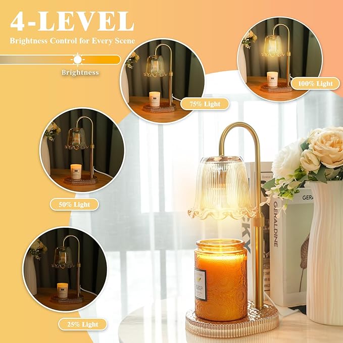 Candle Warmer Lamp with Adjustable Height - Flameless 4-Level Dimmable Wax Warmer, Timer Function & Stylish Design in Multiple Colors（Brown）