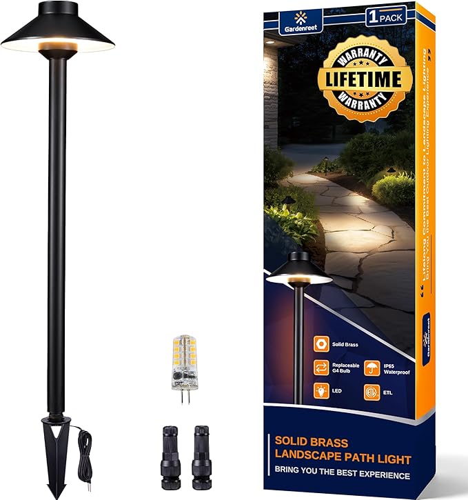 Outdoor Brass Pathway Lights - 12v Low Voltage Landscape Path Lighting Wired, LED Pathlight IP65 Waterproof, Hat-top Black for Outside Walkway Yard with 3W 270LM 2700K Warm White G4 Bulb