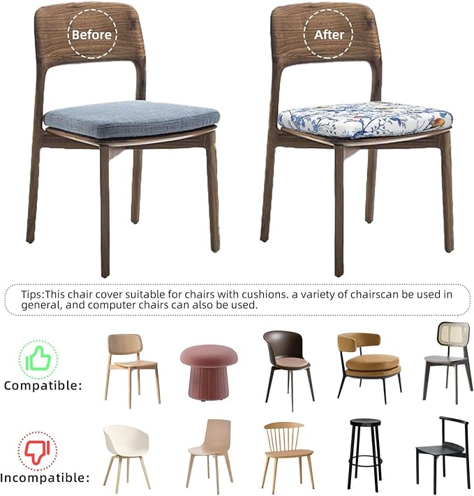 Seat Covers for Dining Room Chairsset of Set of 6, Floral Navy Blue Bird White Spring Flower Stretch Chair Seat Covers Cushion Slipcovers for Kitchen Office