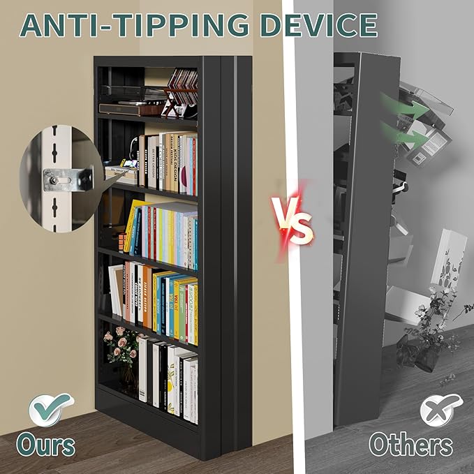 71" Metal Book Shelf,5 Tier Bookshelf with Adjustable Shelves,Black Bookshleves and Bookcases,Heavy Duty Library Book Case,Modern Open Bookshelf for Living Room,Bedroom,Office (Black)