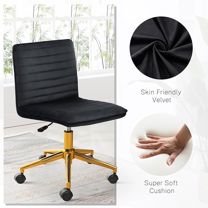 Furniliving Home Office Desk Chair, Armless Vanity Chair with Wheels Soft Velvet Adjustable Height, Comfy Computer Rolling Chairs with Gold Metal Base Stool,Black