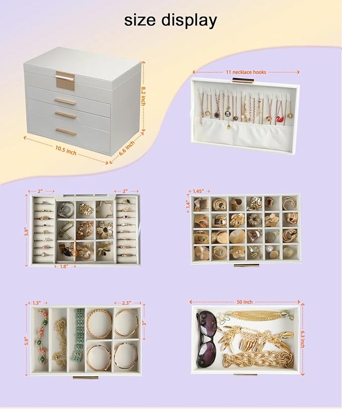 BOOVO Jewelry Boxes for Women, 5 Layer Jewelry Organizer with Necklace Hanger and Drawers, Large Jewelry Box for Earrings, Necklace and Bracelet Storage Gifts for Women and Girls (White, 5 Layer)