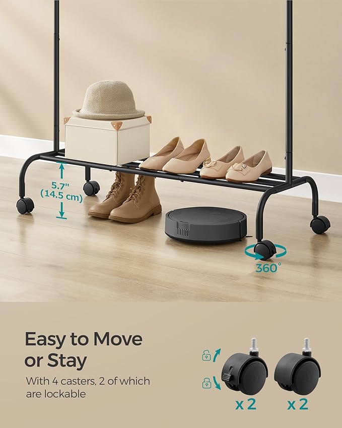 SONGMICS Clothes Rack, Clothing Rack for Hanging Clothes with Wheels, Garment Rack, Metal Frame, 110 lb Max. Total Load, 40.7 Inches Wide, Clothes Storage and Display, Black UHSR131B01