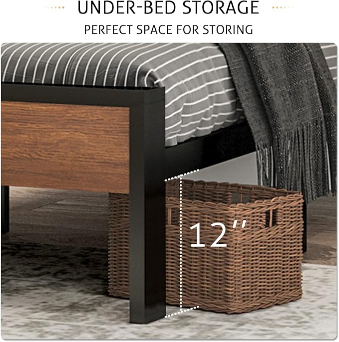 SHA CERLIN 14 Inch Queen Size Metal Platform Bed Frame with Wooden Headboard and Footboard, Mattress Foundation, No Box Spring Needed, Large Under Bed Storage, Non-Slip Without Noise, Walnut